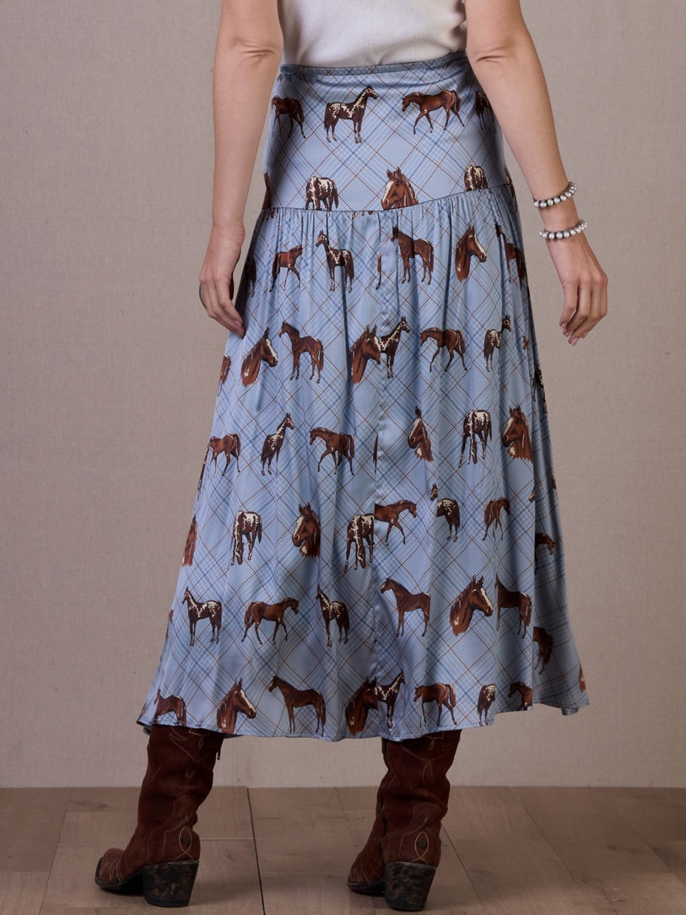Double D Women's Horse Print Maxi Skirt in Light Blue and Brown - Picture 3 of 7